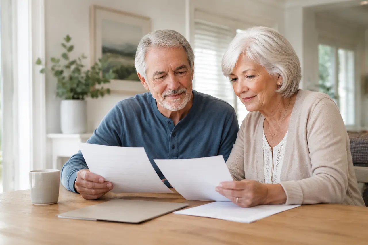 Older couple calmly reviewing planning documents together at home